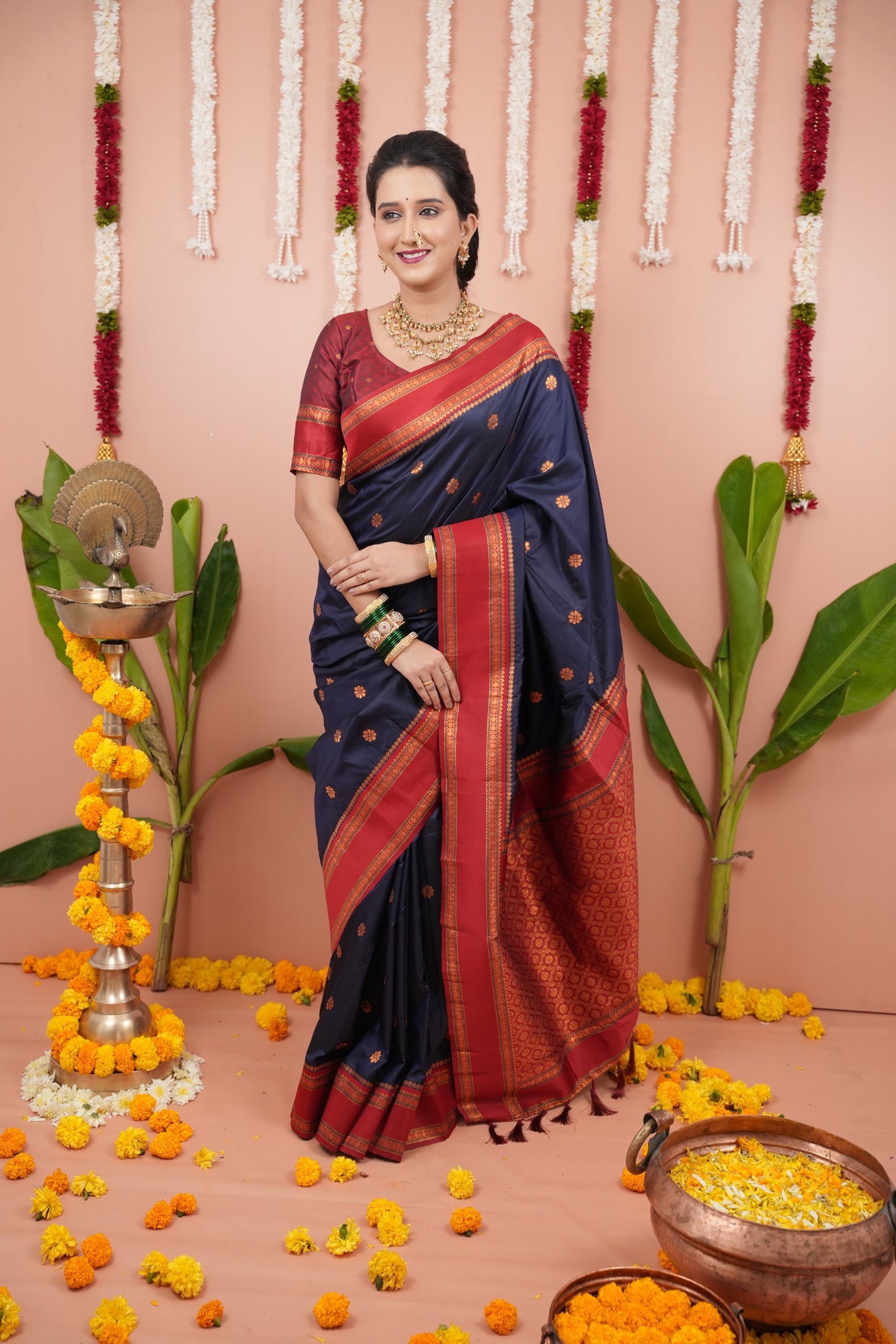 Premium Soft Silk Saree with Narayan Border-navyblu