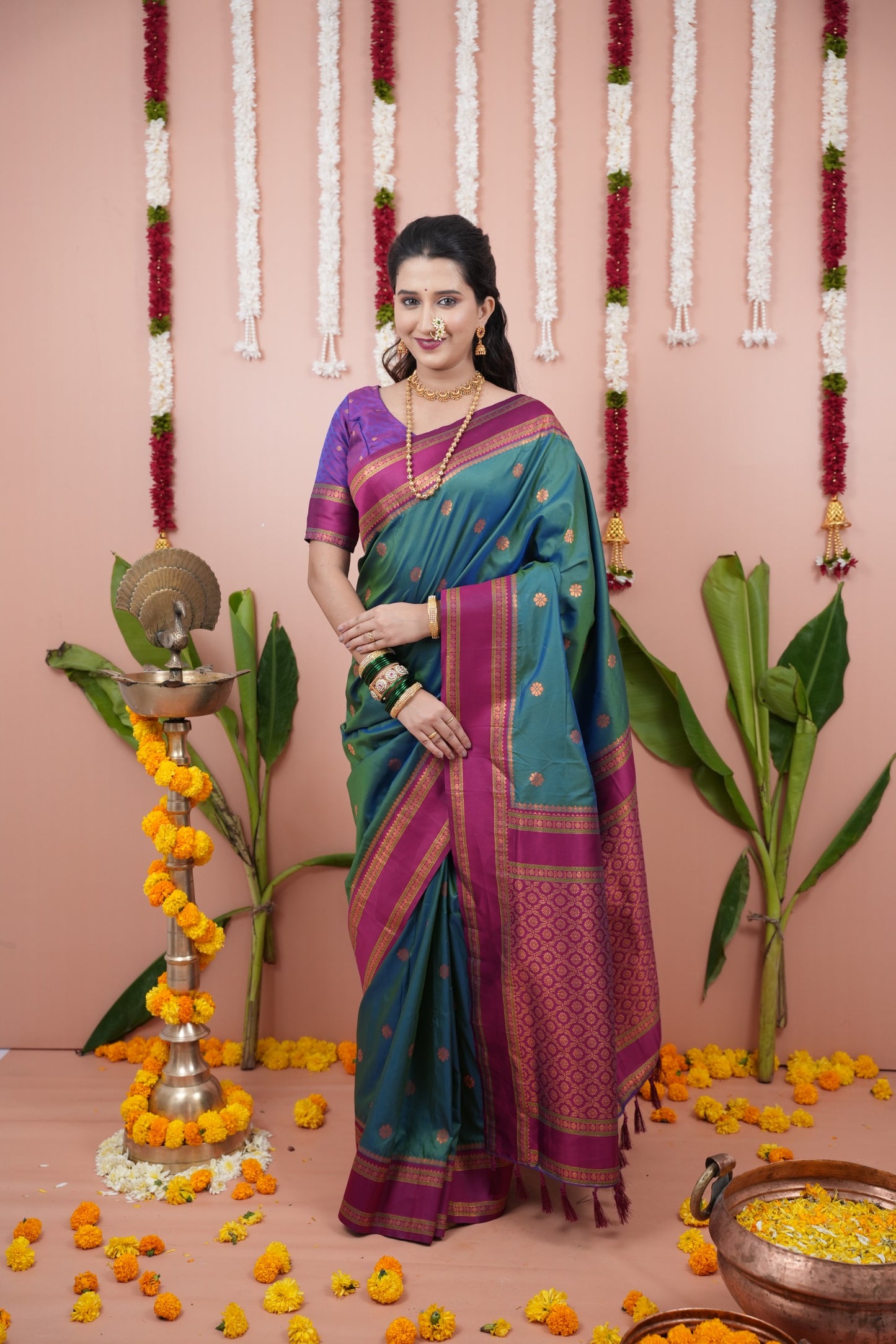 Premium Soft Silk Saree with Narayan Border-green
