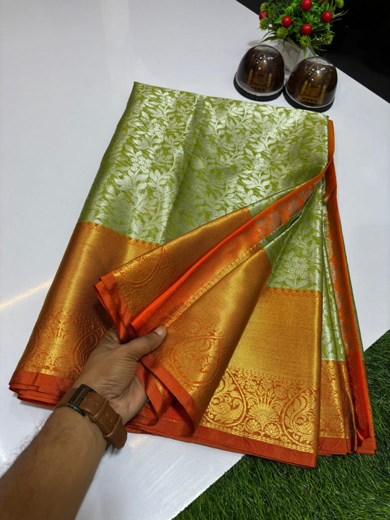 Pure Banarasi soft Katan silk saree in Green with Orange border and zari weaving floral jaal design