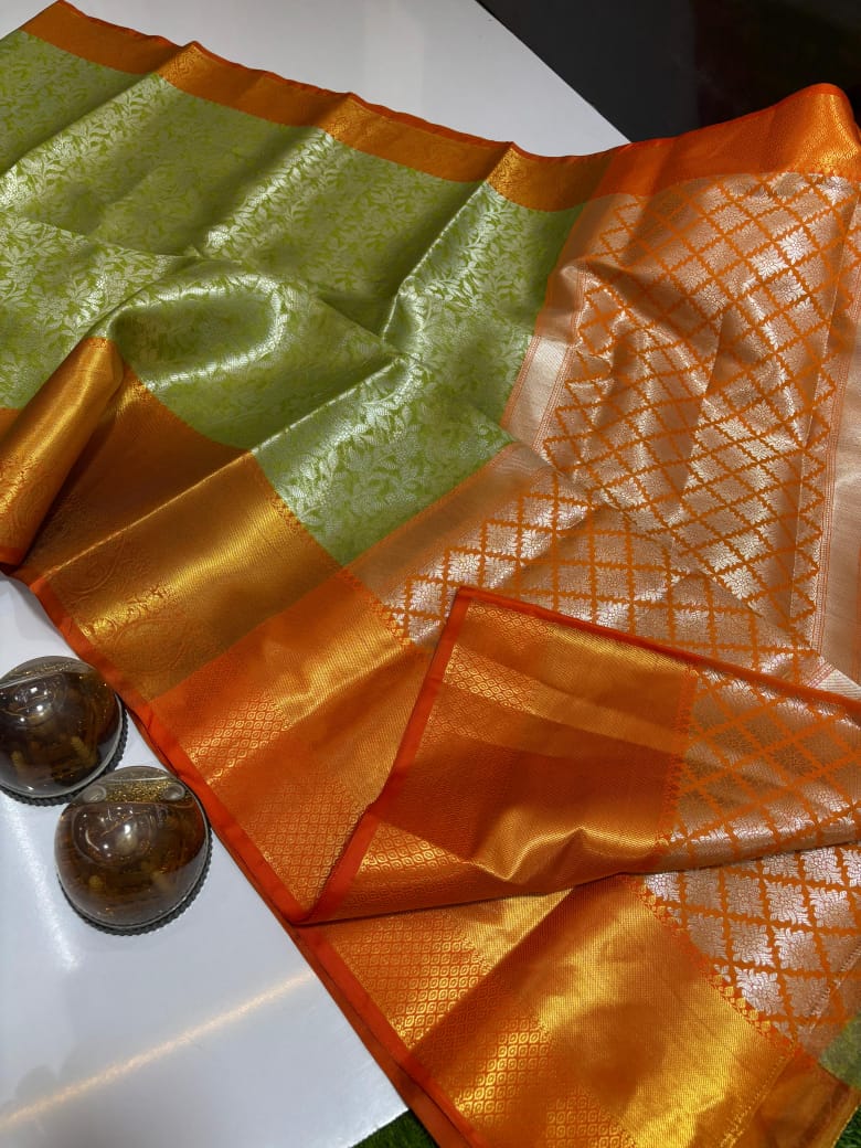 Pure Banarasi soft Katan silk saree in Green with Orange border-pallu and zari weaving floral jaal design