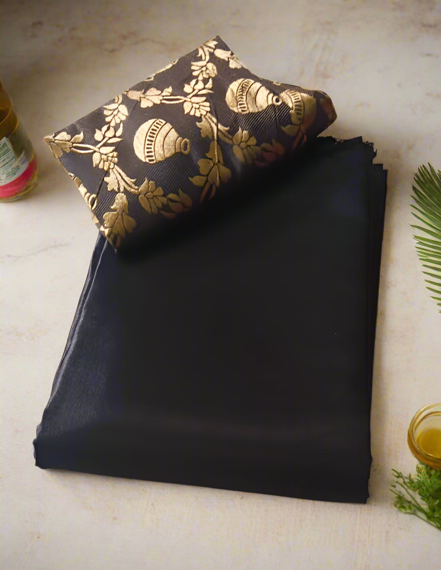 Rich Look Plain Black Silk Saree – Bold & Elegant Party Saree – Rafia Fashions