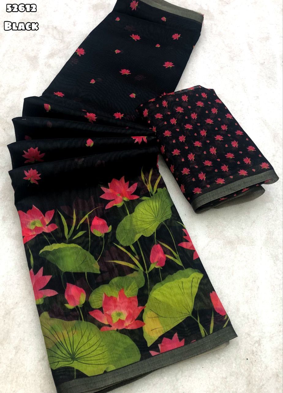Soft Chanderi floral digital print saree with zari patti border in Black