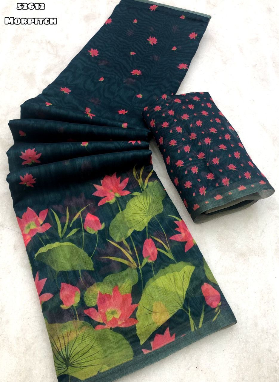 Soft Chanderi floral digital print saree with zari patti border in Morpich