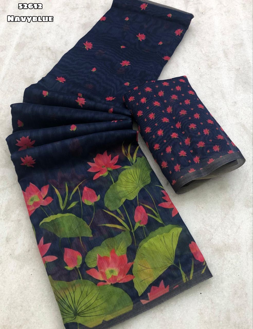 Soft Chanderi floral digital print saree with zari patti border in Navy Blue