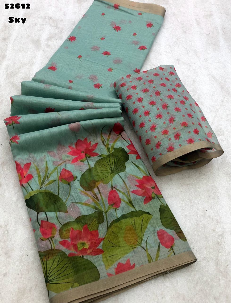 Soft Chanderi floral digital print saree with zari patti border in Sky Blue