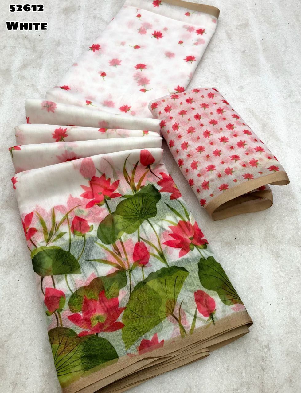 Soft Chanderi floral digital print saree with zari patti border in White