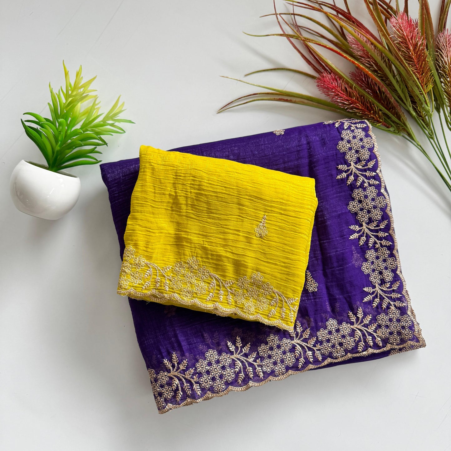 Soft Crunchy Silk Saree with Heavy Embroidery Work and Running Blouse - blue-yellow