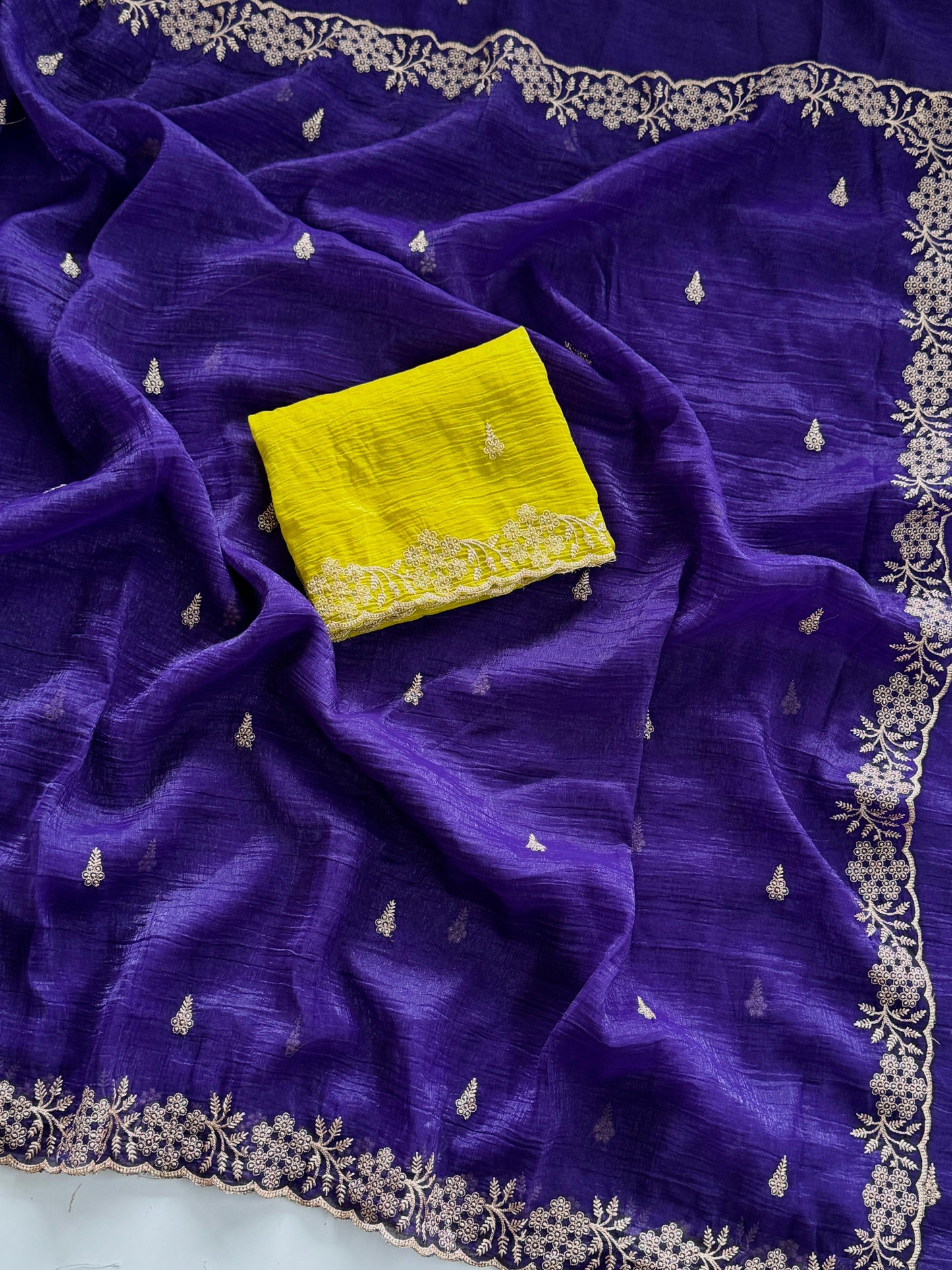 Soft Crunchy Silk Saree with Heavy Embroidery Work and Running Blouse - blue-yellow