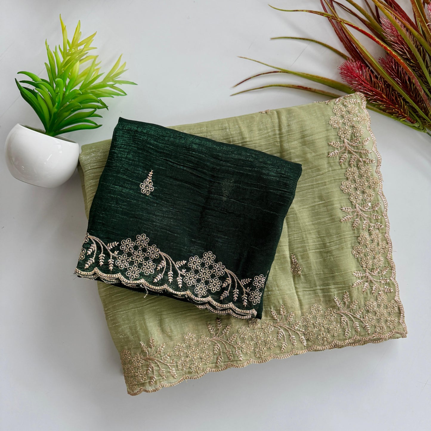 Soft Crunchy Silk Saree with Heavy Embroidery Work and Running Blouse - creamy-green