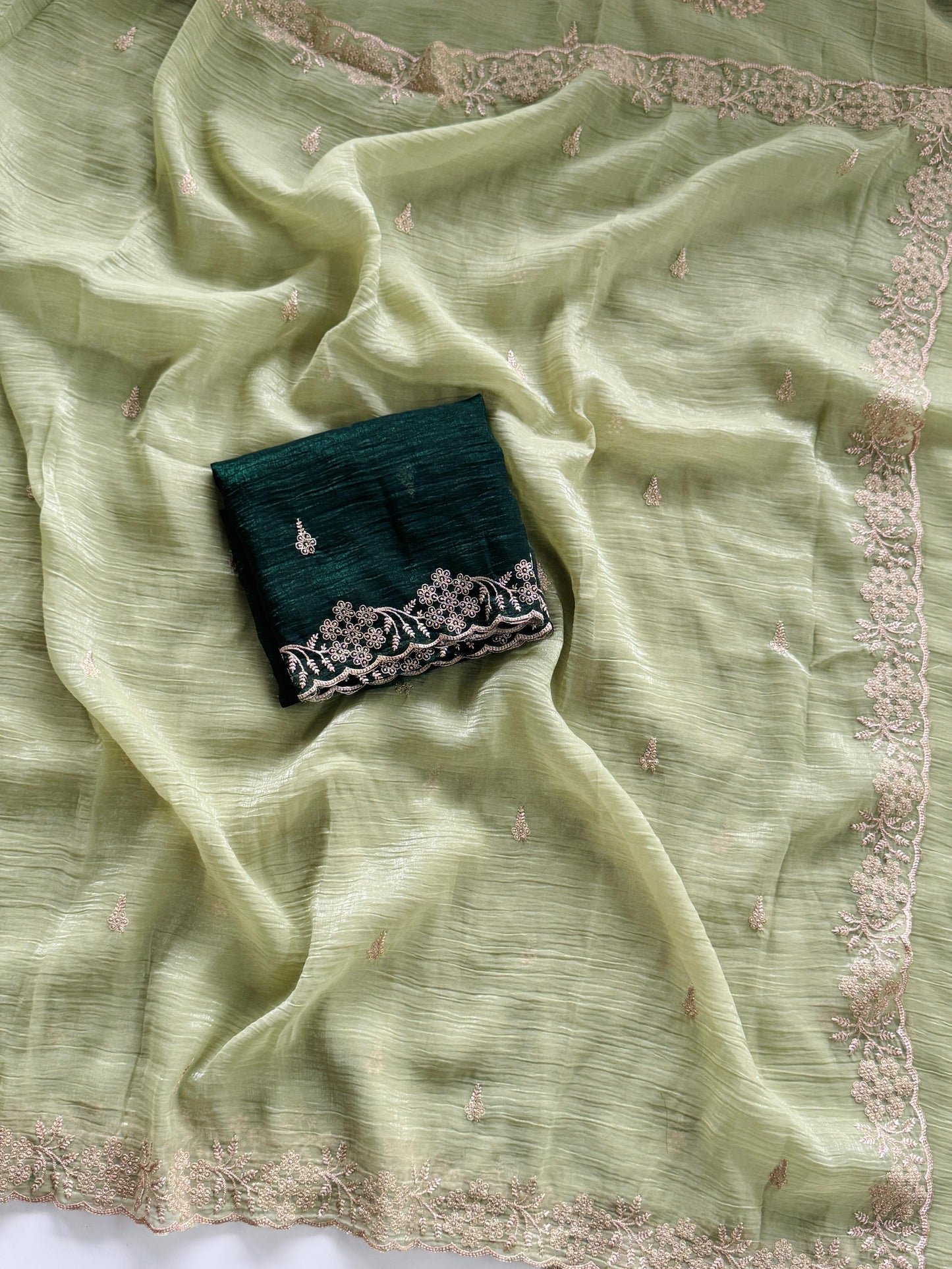 Soft Crunchy Silk Saree with Heavy Embroidery Work and Running Blouse - cream-green