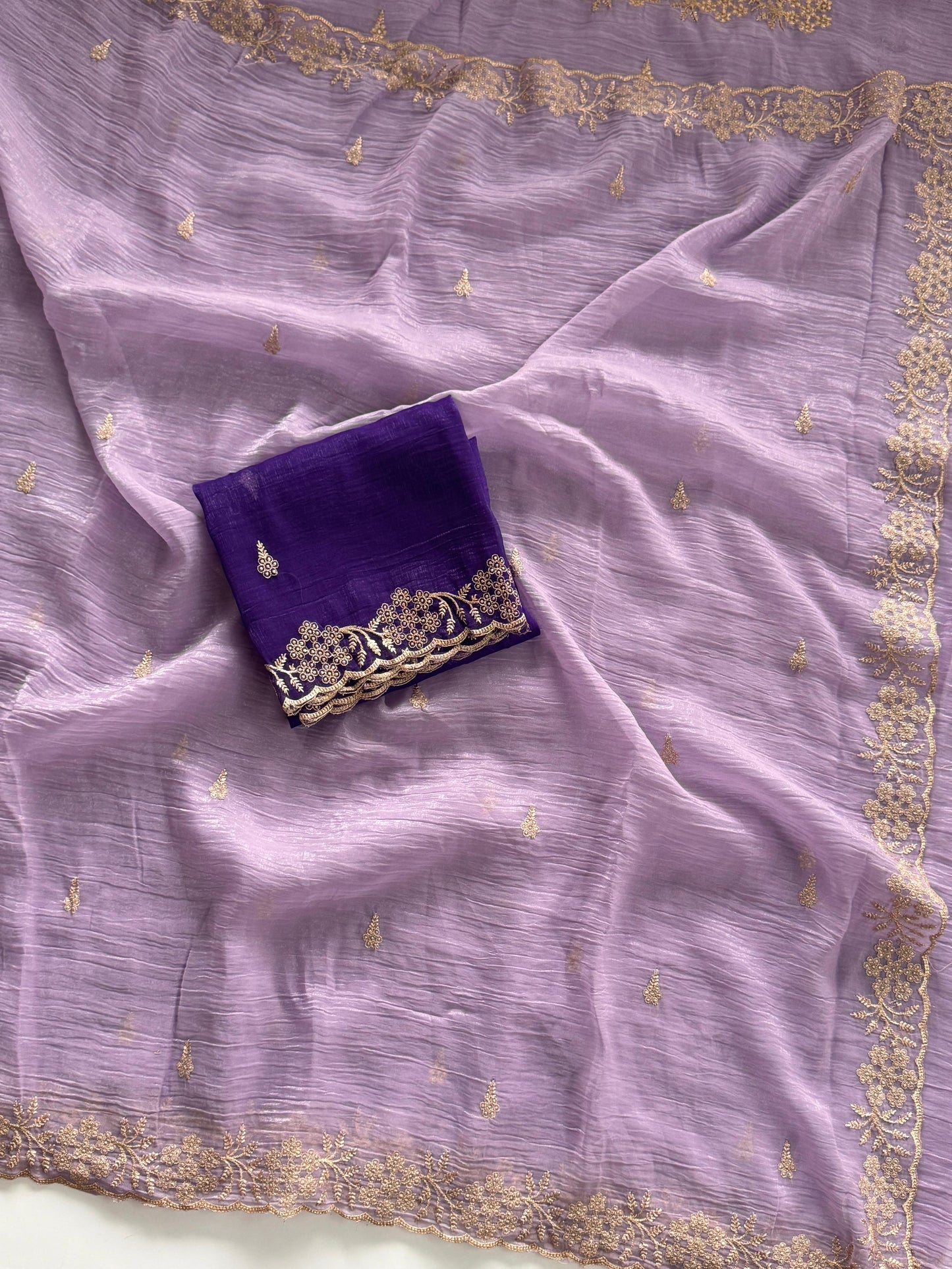 Soft Crunchy Silk Saree with Heavy Embroidery Work and Running Blouse -lavender-blue