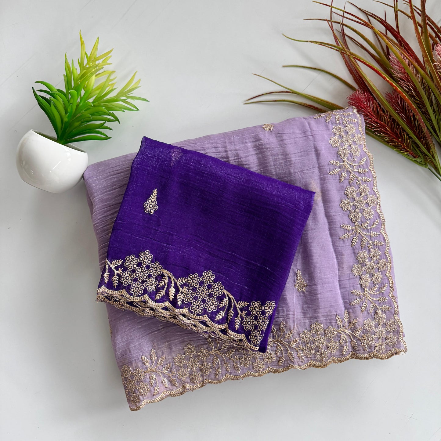 Soft Crunchy Silk Saree with Heavy Embroidery Work and Running Blouse - lavender-blue