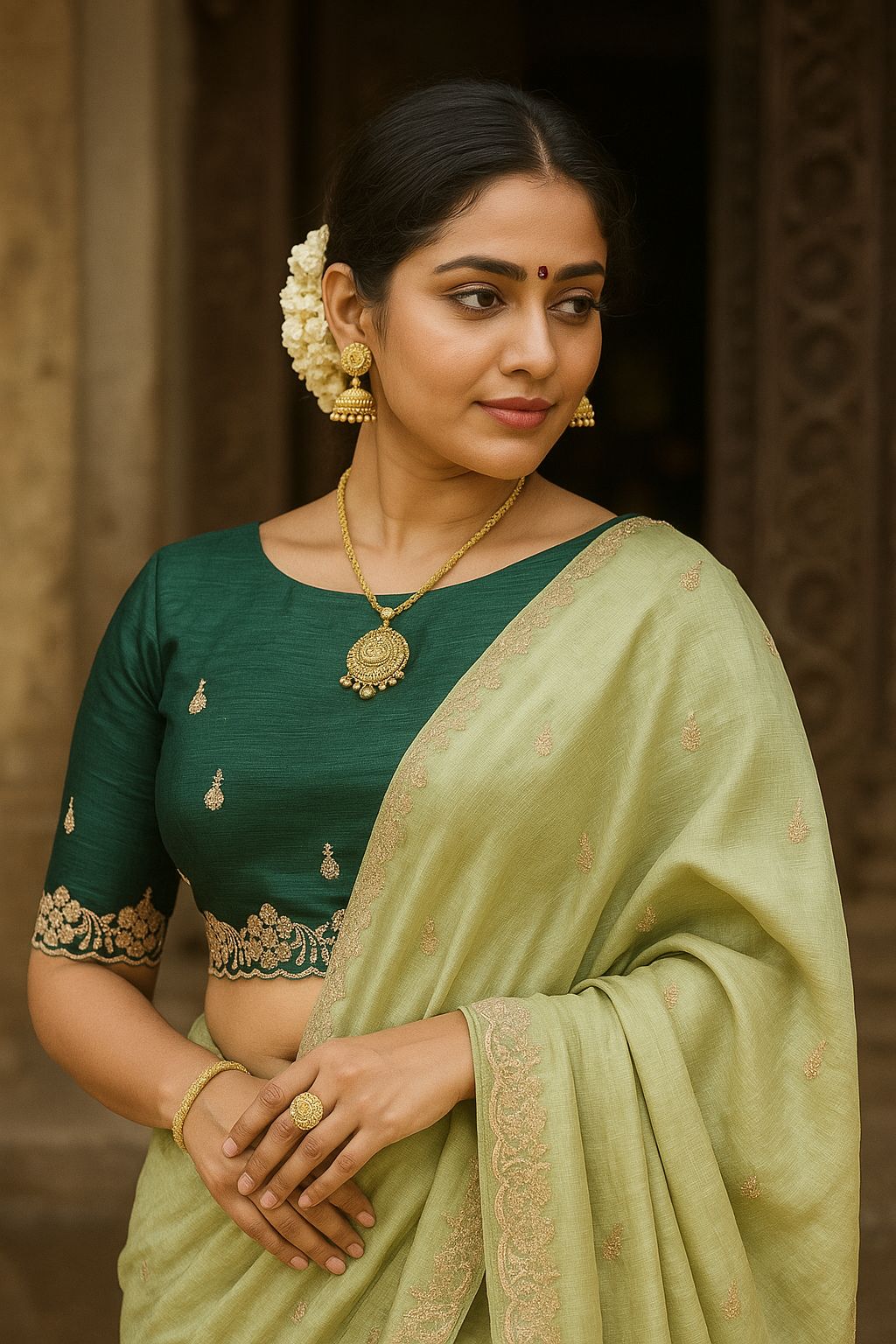 Soft Crunchy Silk Saree with Heavy Embroidery Work and Running Blouse - creamy-green