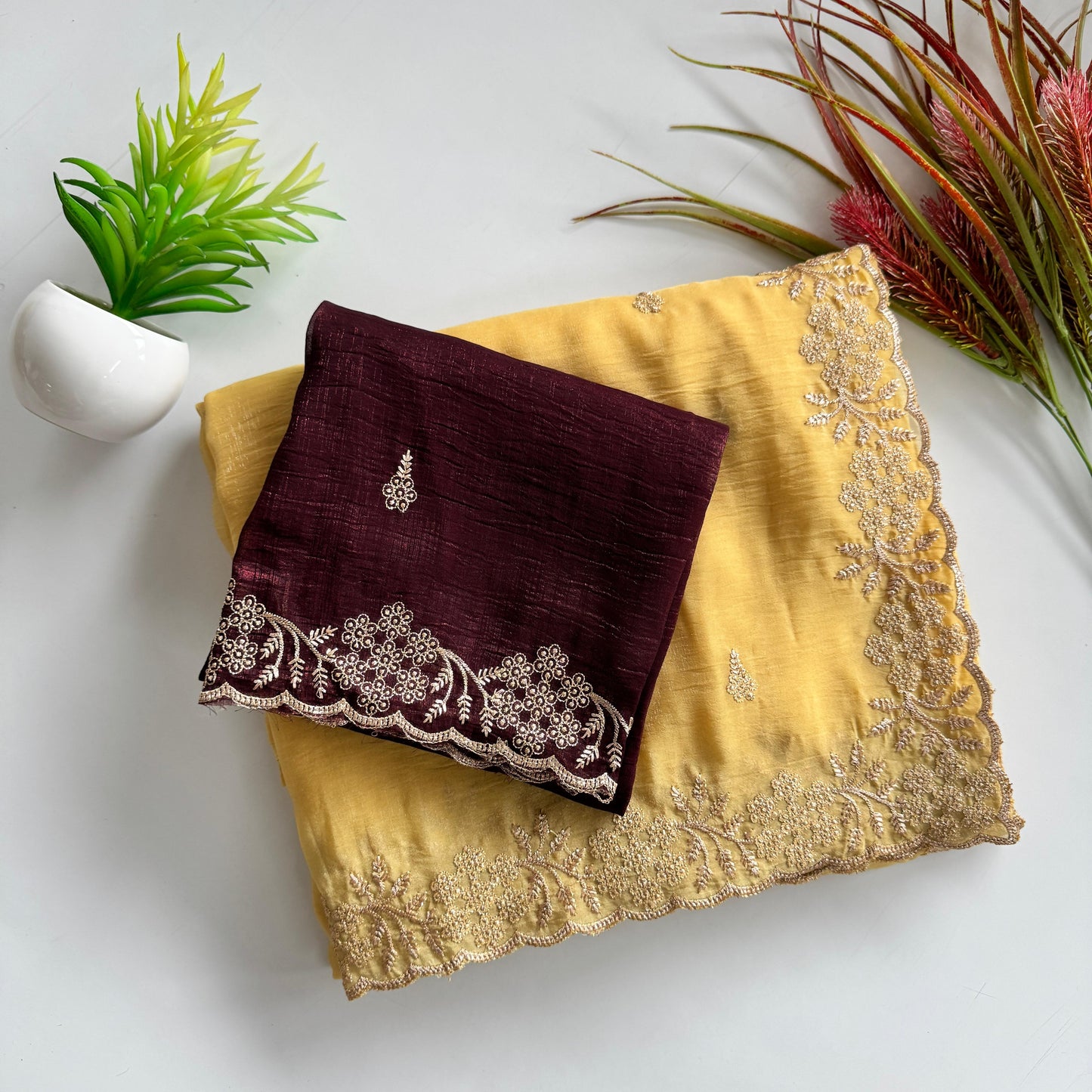 Soft Crunchy Silk Saree with Heavy Embroidery Work and Running Blouse - sandle-maroon