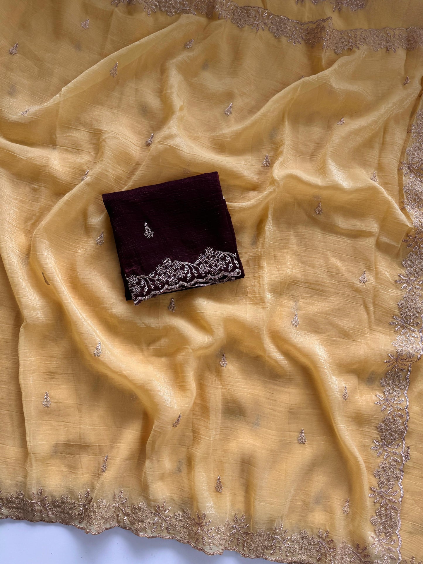 Soft Crunchy Silk Saree with Heavy Embroidery Work and Running Blouse - sandle-marun