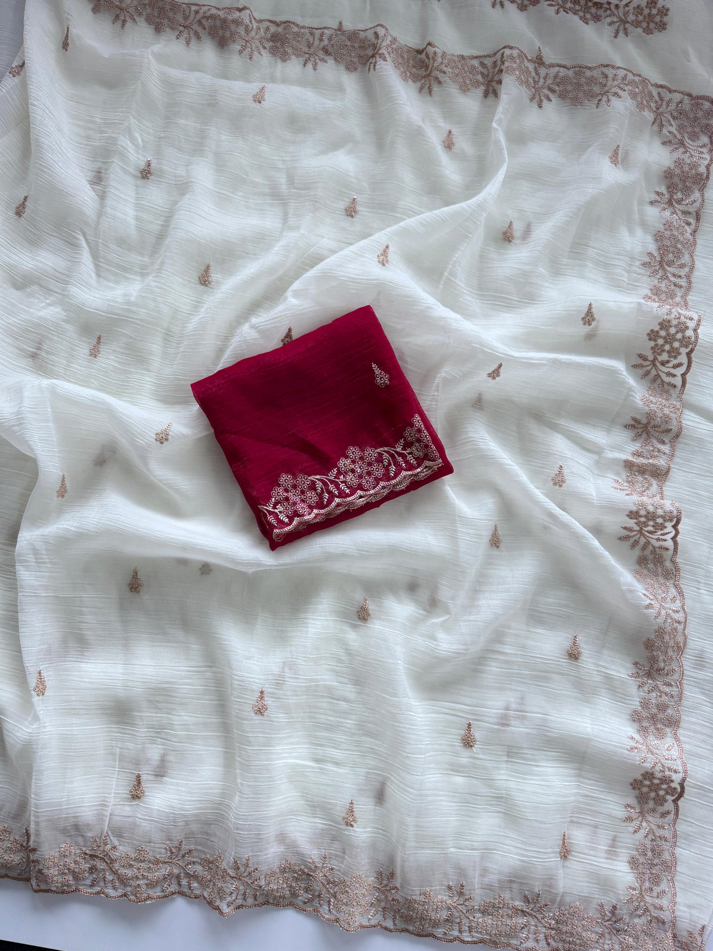 Soft Crunchy Silk Saree with Heavy Embroidery Work and Running Blouse - white-red