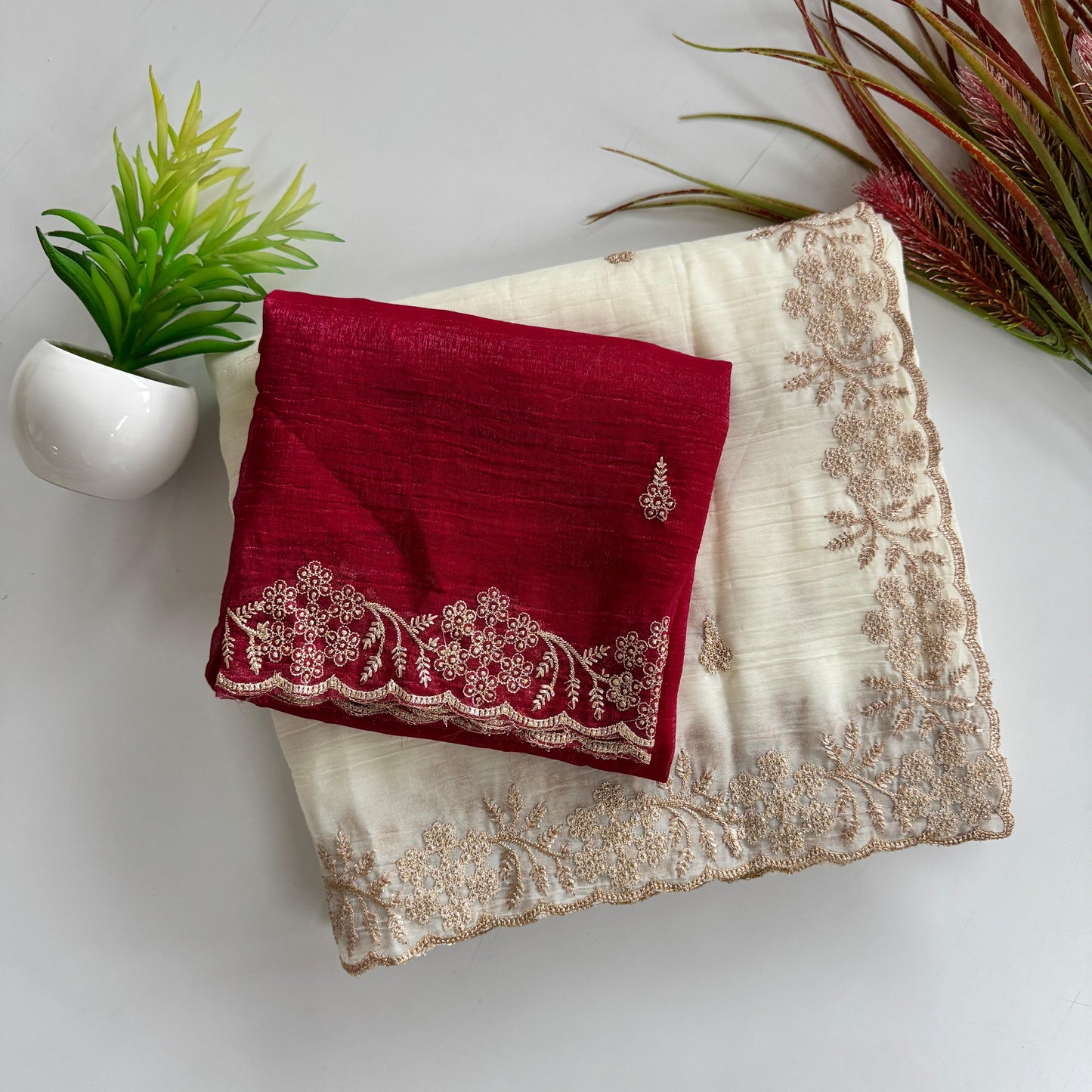 Soft Crunchy Silk Saree with Heavy Embroidery Work and Running Blouse - white-red