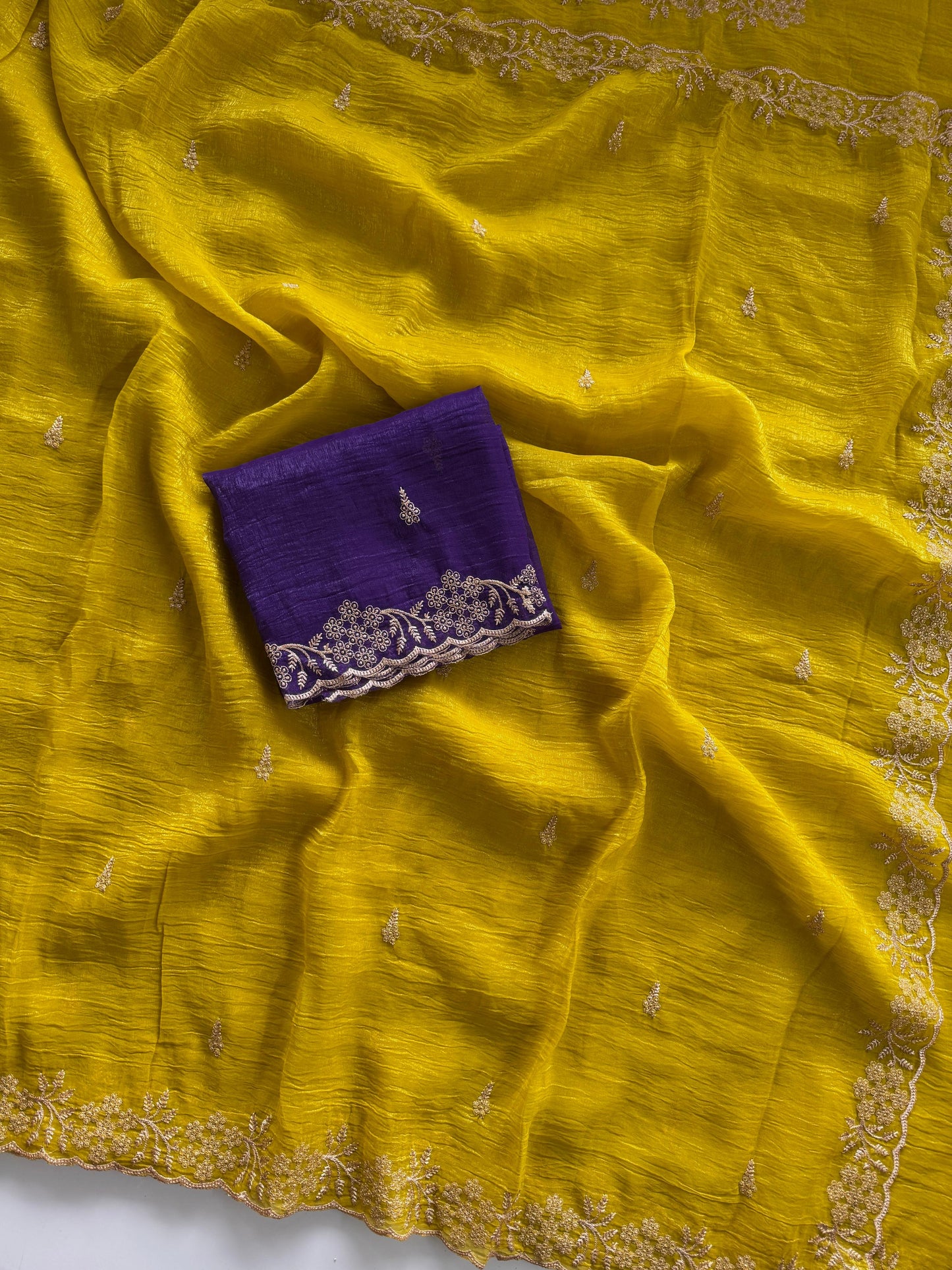 Soft Crunchy Silk Saree with Heavy Embroidery Work and Running Blouse - yellow-blue