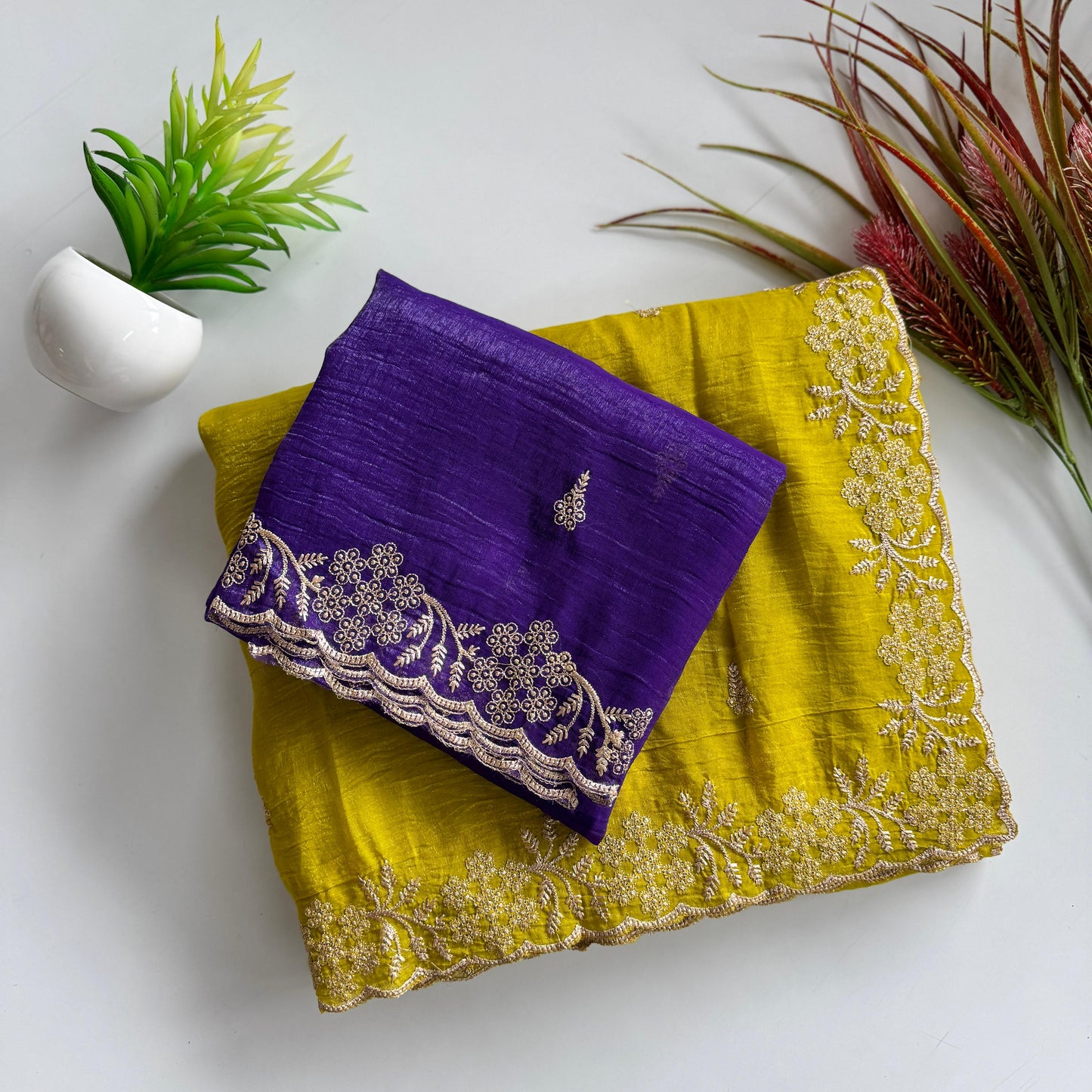 Soft Crunchy Silk Saree with Heavy Embroidery Work and Running Blouse-yellow-blue