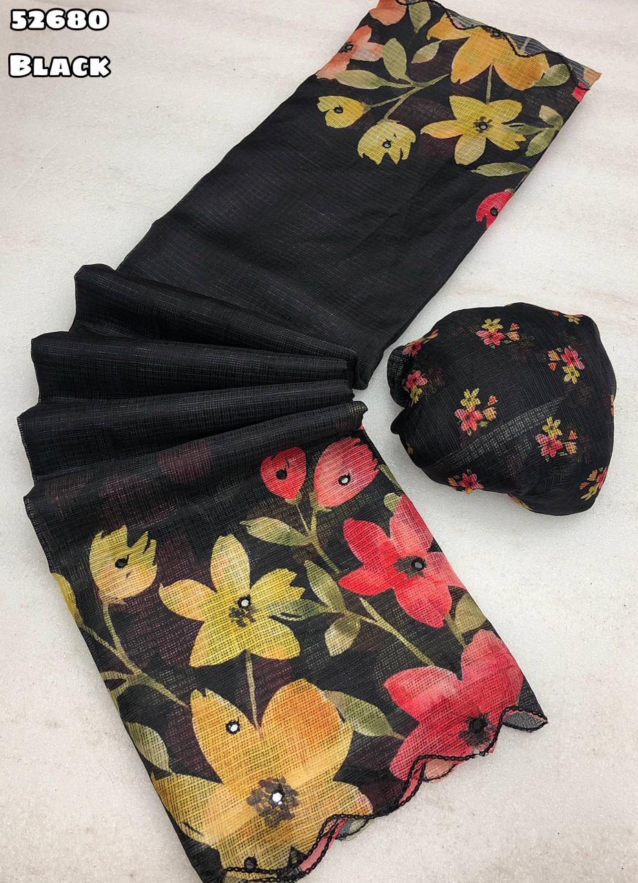 Black Soft Kota Chex Saree with Floral Digital Print and Embroidery Foil Mirror Border – Rafia Fashions
