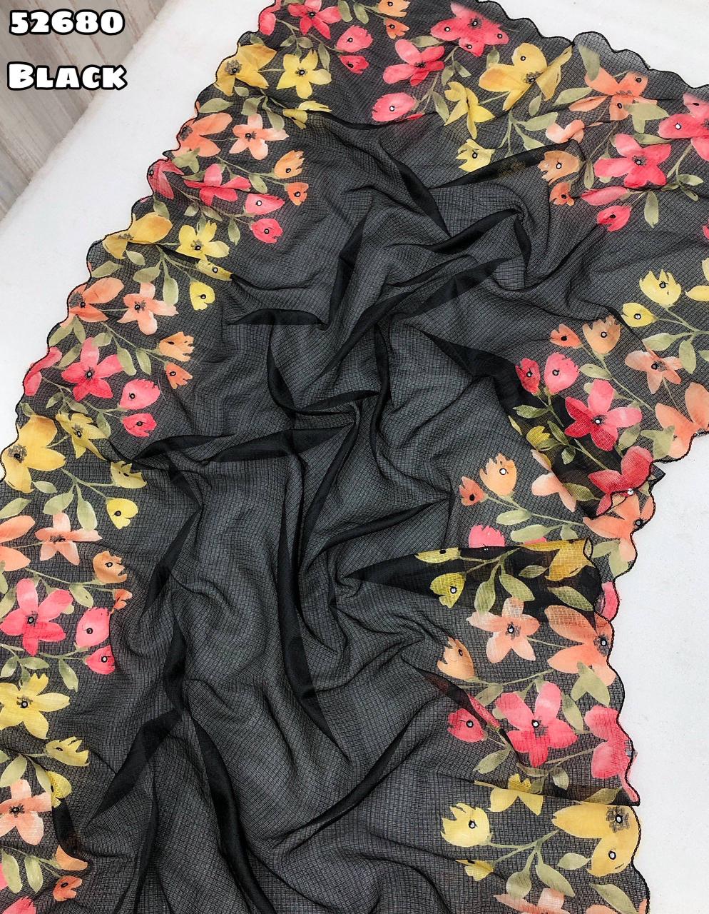 Black-Kota Chex Saree with Floral Digital Print and Embroidery Foil Mirror Border – Rafia Fashions