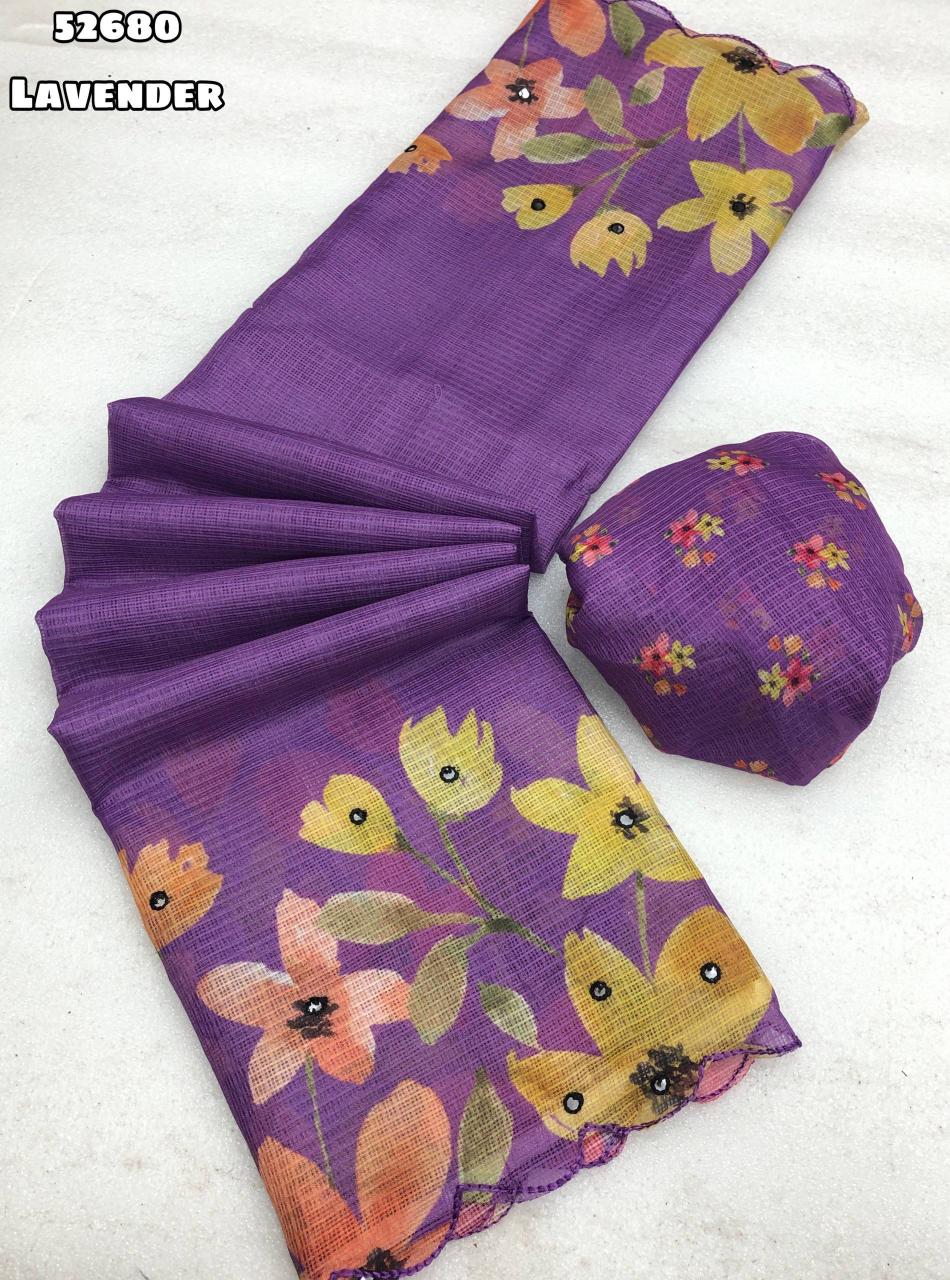 Lavender Soft Kota Chex Saree with Floral Digital Print and Embroidery Foil Mirror Border – Rafia Fashions