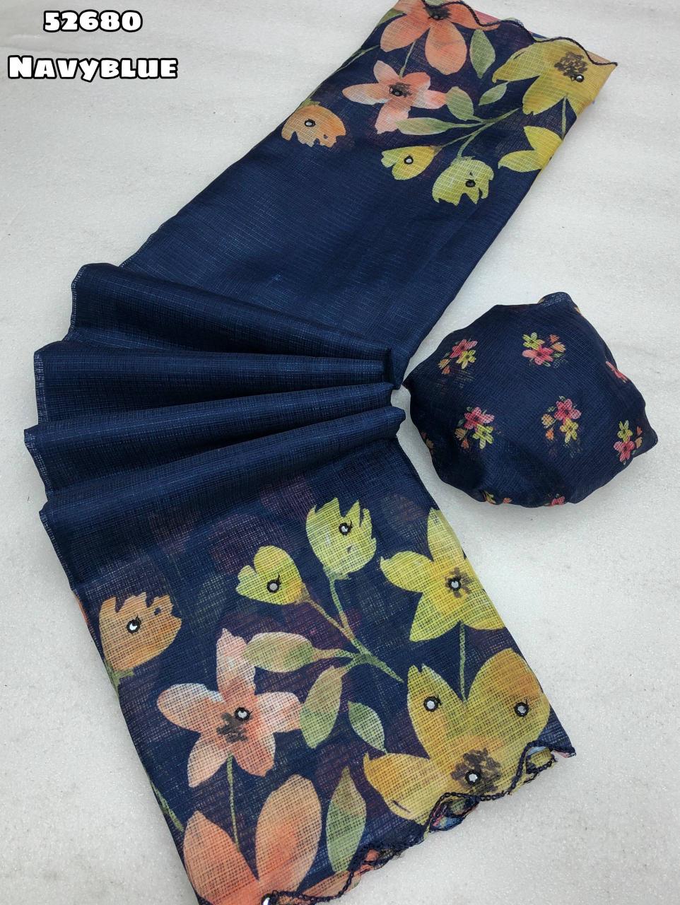 Navyblue Soft Kota Chex Saree with Floral Digital Print and Embroidery Foil Mirror Border – Rafia Fashions