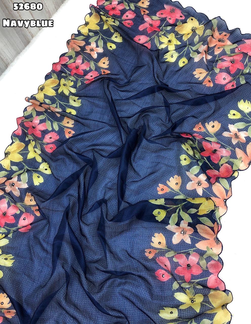 Navy Blue-Soft Kota Chex Saree with Floral Digital Print and Embroidery Foil Mirror Border – Rafia Fashions
