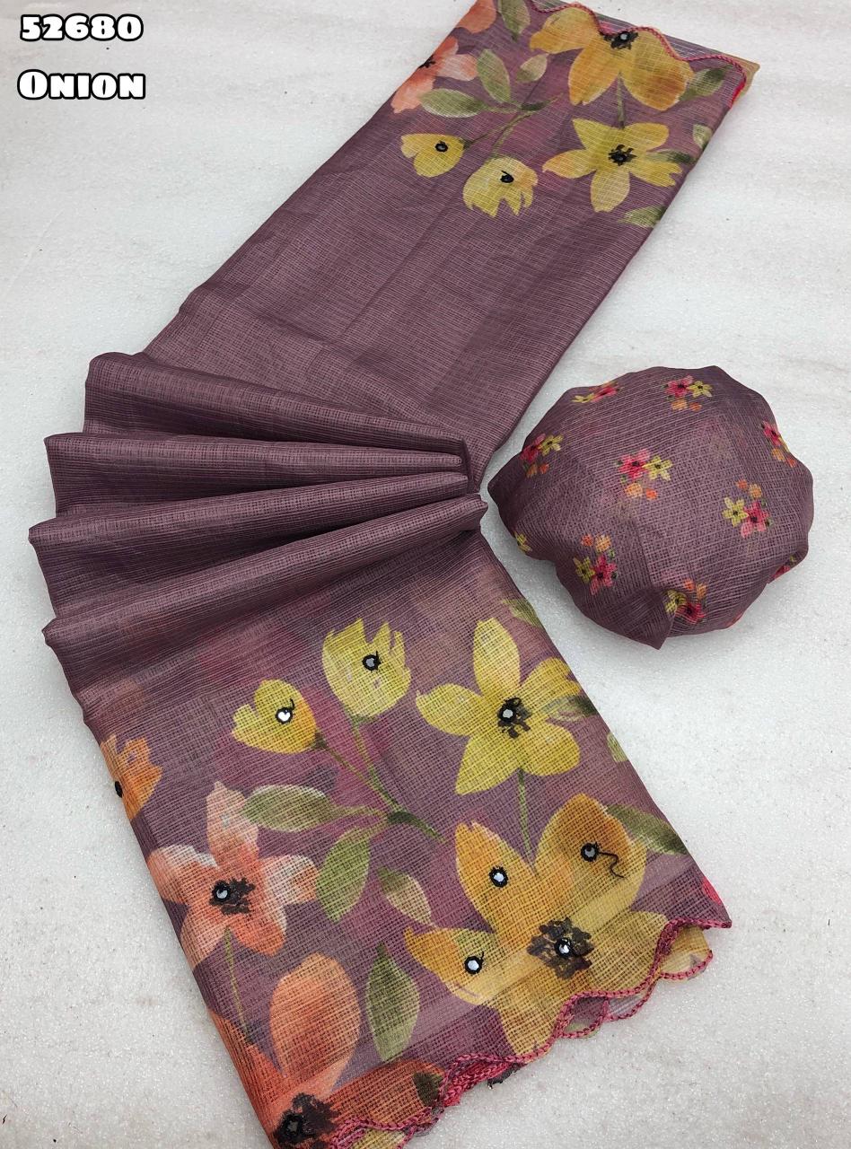 Onion- Soft Kota Chex Saree with Floral Digital Print and Embroidery Foil Mirror Border – Rafia Fashions