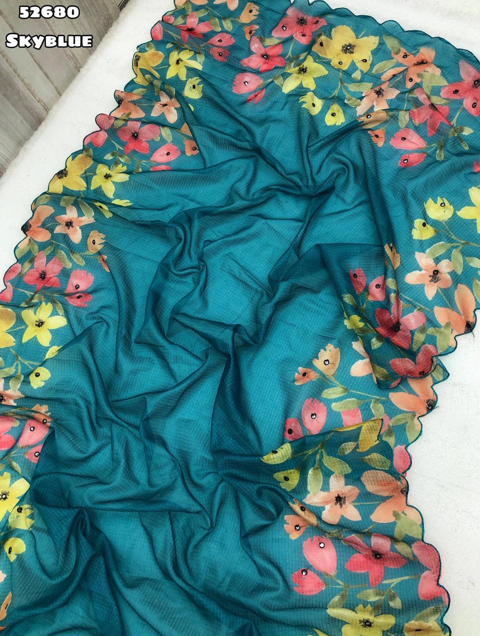 Skyblue Soft Kota Chex Saree with Floral Digital Print and Embroidery Foil Mirror Border – Rafia Fashions