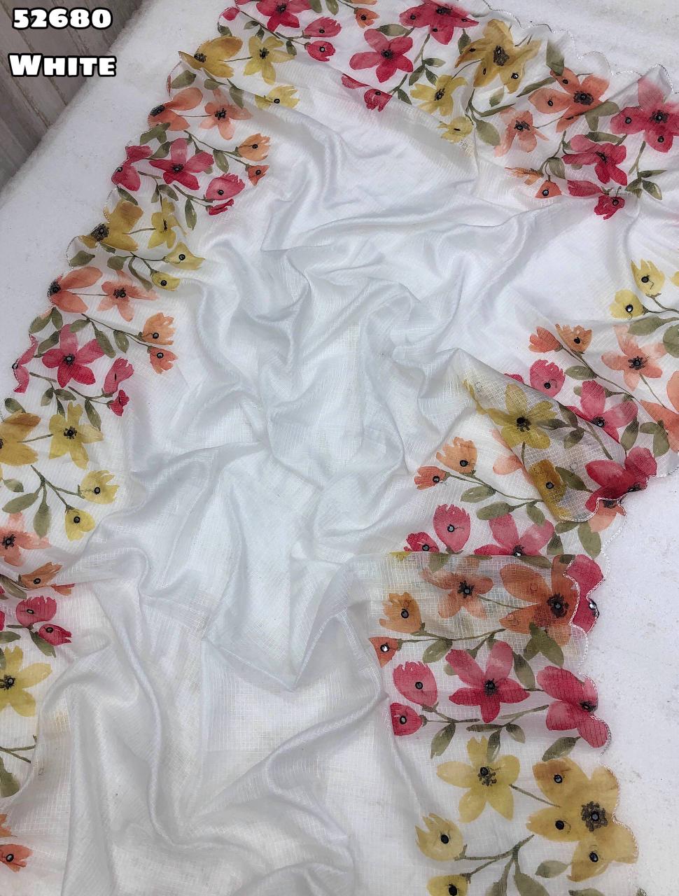 White-Soft Kota Chex Saree with Floral Digital Print and Embroidery Foil Mirror Border – Rafia Fashions