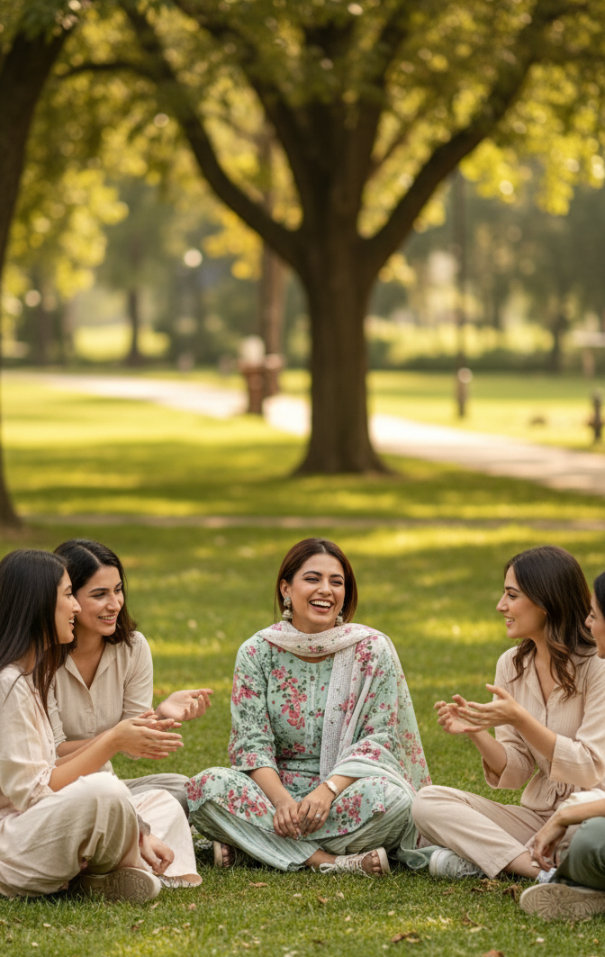 Group of women sitting on grass in a park