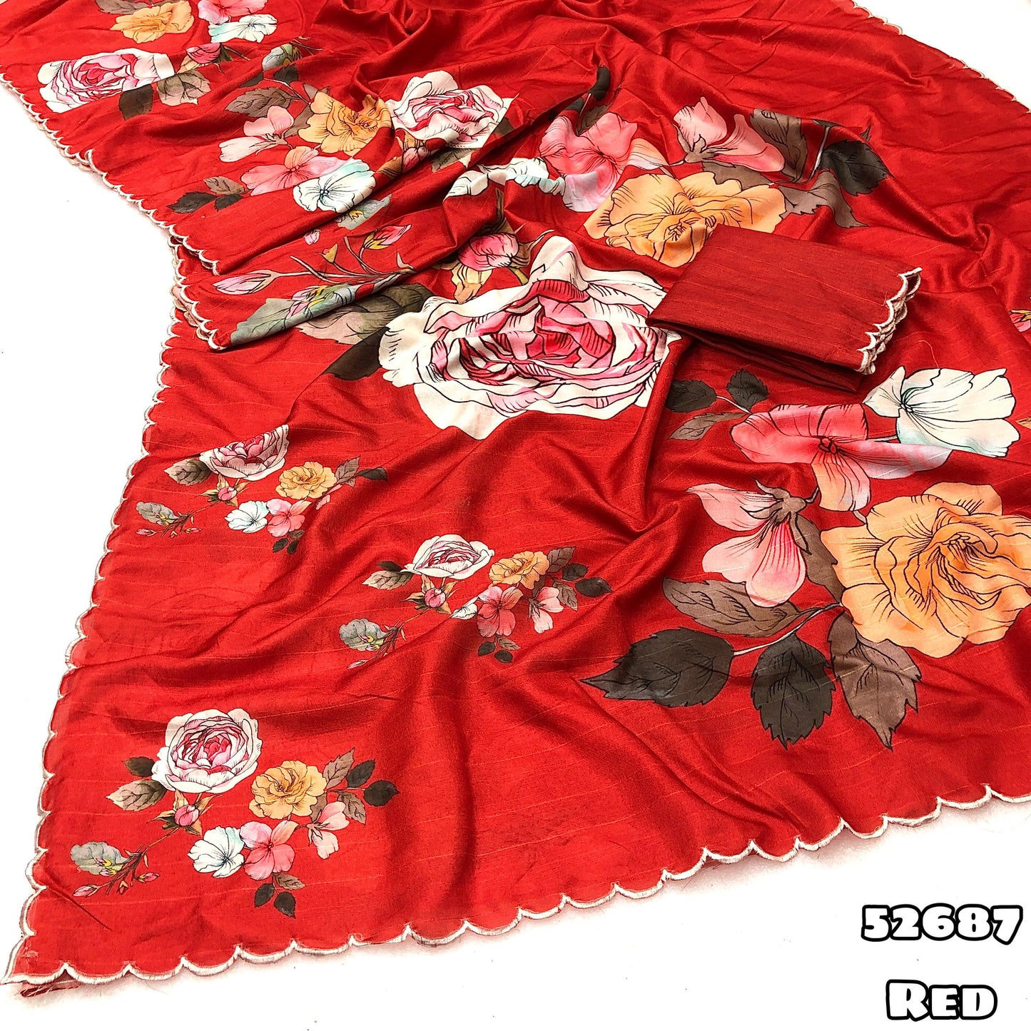 Handloom Tussar Silk Saree Red with Embroidery & Scalloped Border Closeup