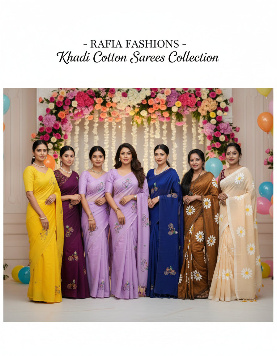 Woman wearing pure Khadi cotton saree with handspun texture, showcasing traditional Indian handloom craftsmanship – Rafia Fashions