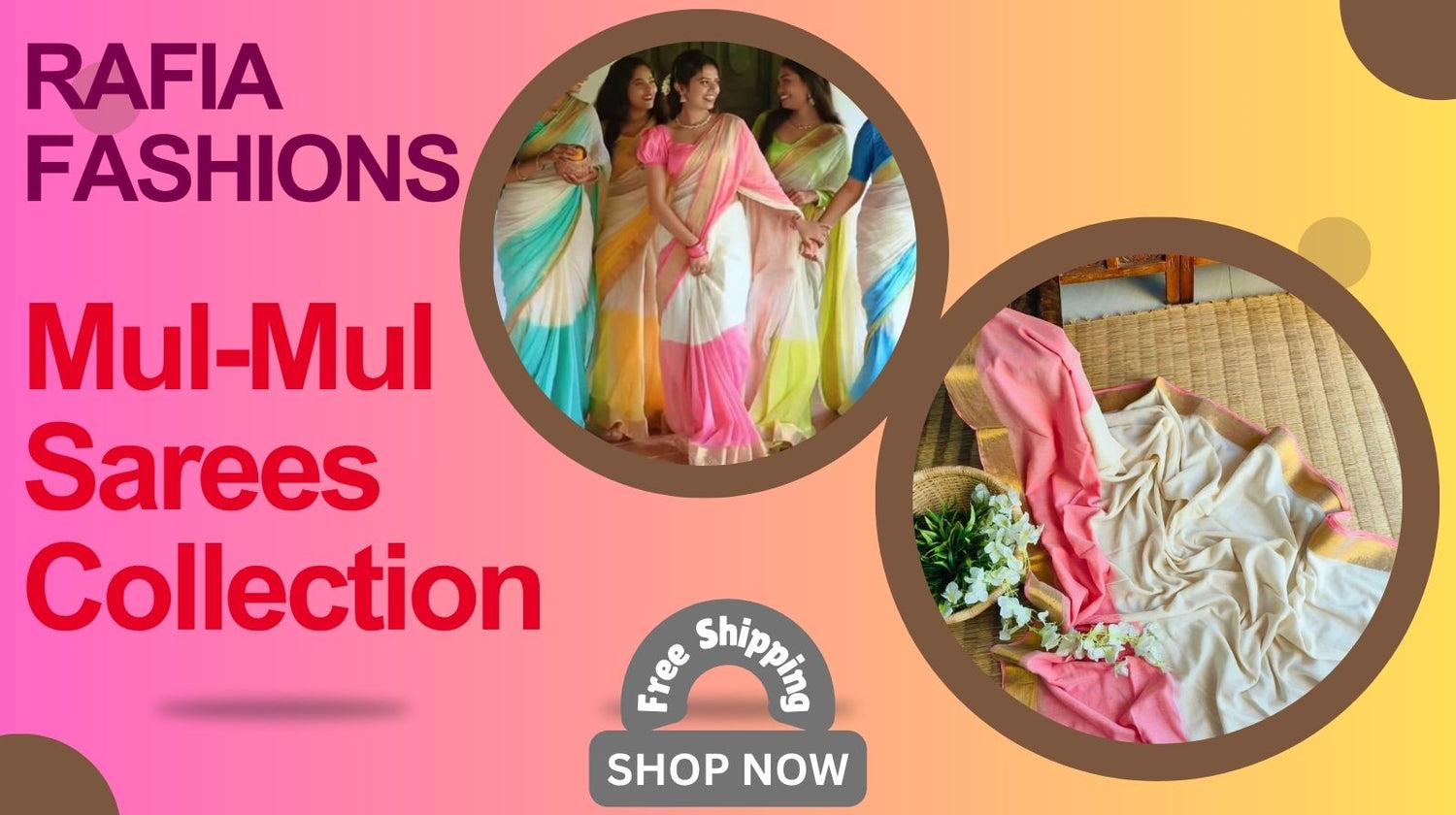 Woman wearing a soft Mul-Mul cotton saree with floral and geometric patterns, showcasing lightweight handwoven elegance – Rafia Fashions