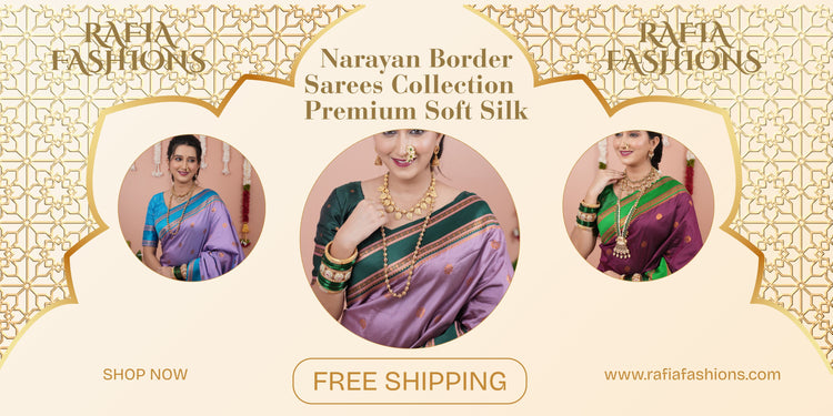 Woman wearing a soft silk saree with Narayan contrast zari border, reflecting elegant traditional craftsmanship – Rafia Fashions