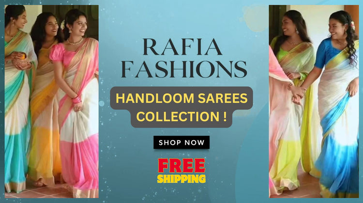 Woman wearing a traditional handloom saree made of pure cotton and silk, showcasing artisanal weaving craftsmanship – Rafia Fashions