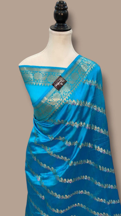 Sky Blue Banarasi silk saree with mina laheriya weaving and golden zari border