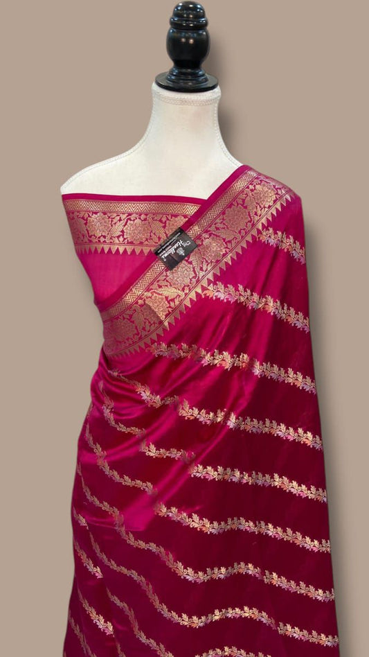 Rani Pink Banarasi Mina Laheriya saree with elegant zari border and woven pallu