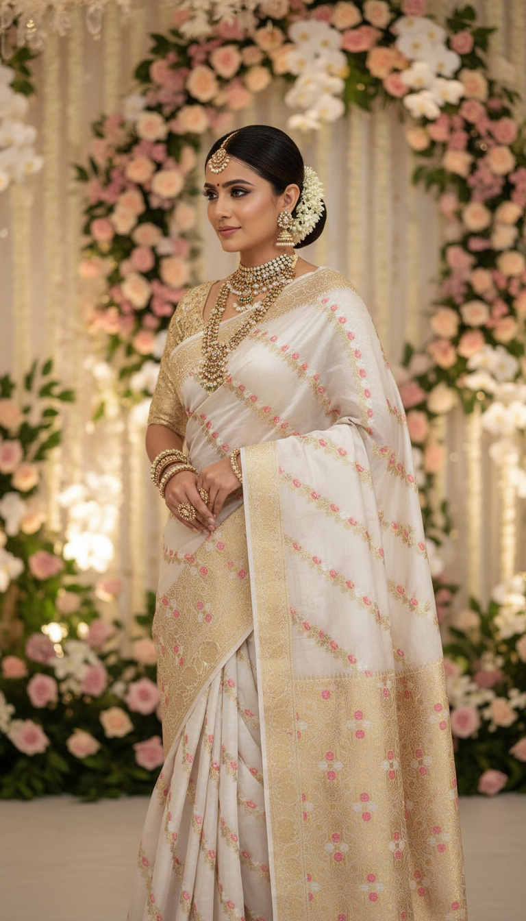 Banarasi Mina Laheriya Saree with rich zari border and jacquard pallu-white-Woman in a traditional saree with floral decorations in the background