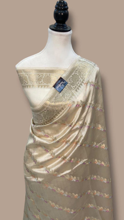 White Banarasi Mina Laheriya saree with intricate zari border and woven pallu