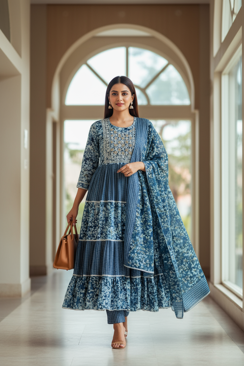 Woman in a blue floral dress standing in a well-lit hallway.