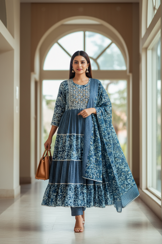 Woman in a blue floral dress standing in a well-lit hallway.