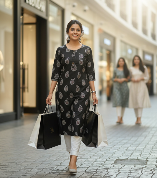 Woman walking in a shopping mall holding shopping bags