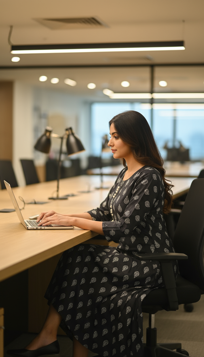 Woman working on a laptop at a desk in an office setting