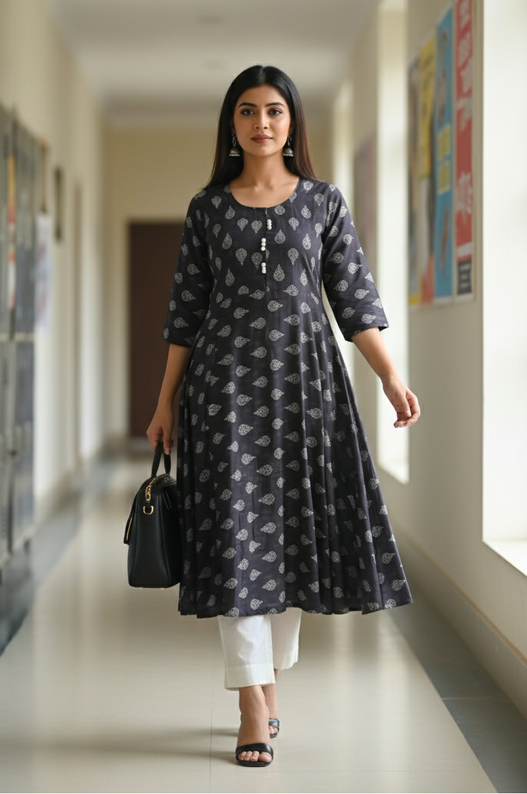 Woman in a dark patterned dress walking down a hallway