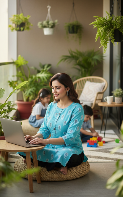Woman using a laptop on a woven mat in a home setting with plants and children playing in the background.
