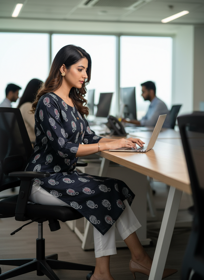 Woman working on a laptop at a desk in an office setting