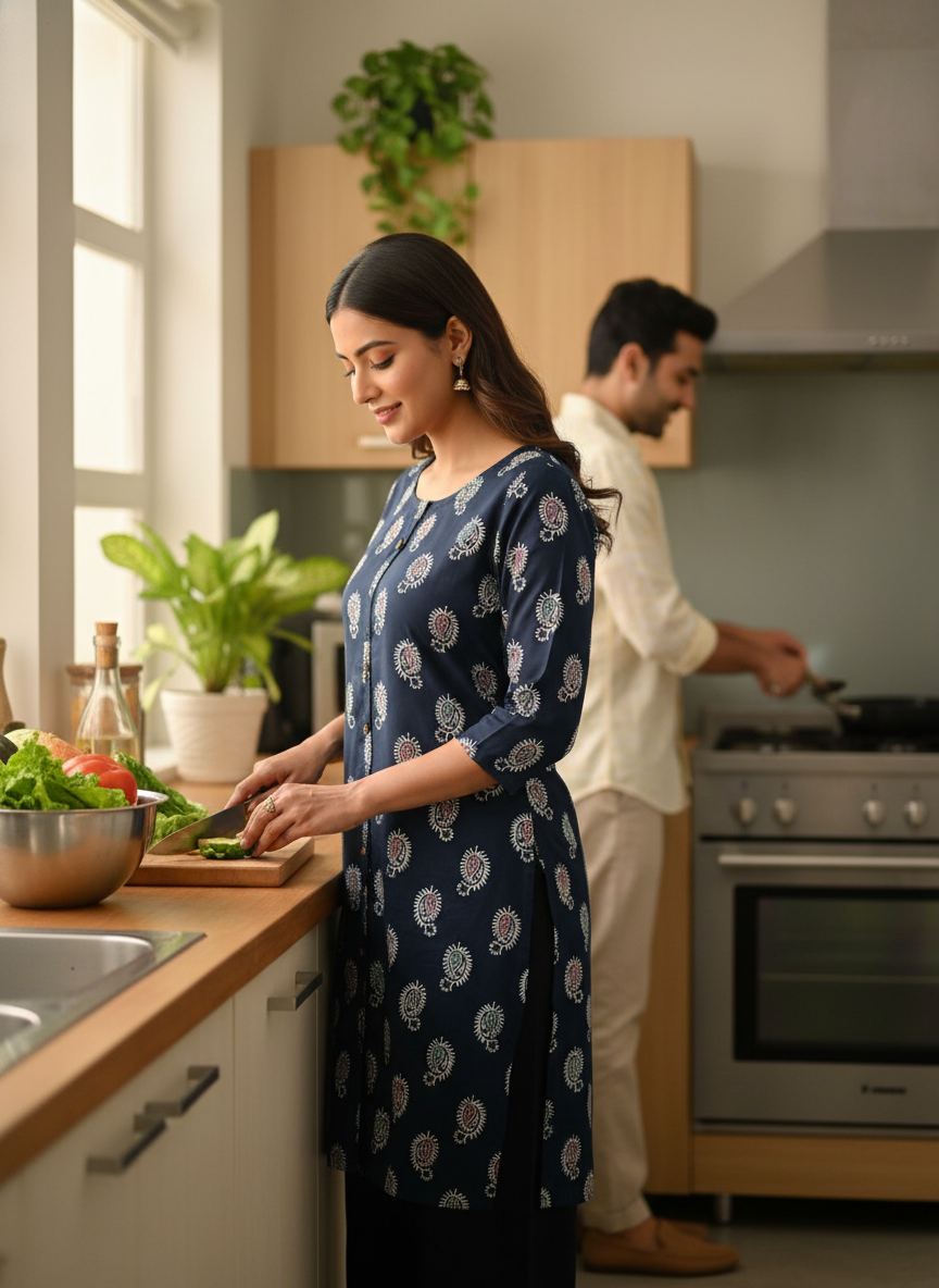 Woman in a kitchen preparing food with a man in the background.