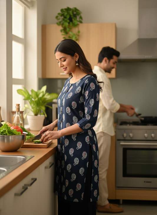 Woman in a kitchen preparing food with a man in the background.